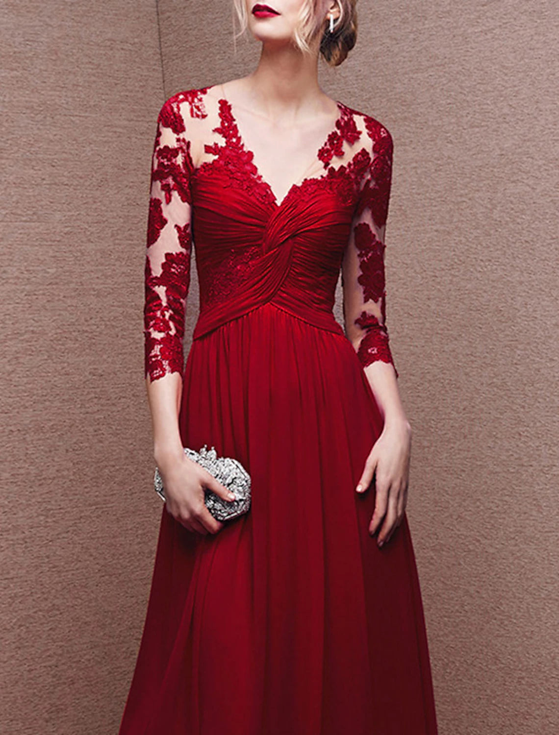 Abito da sera a trapezio, elegante, formale, da ospite di nozze, lungo, manica a 3/4, scollo a V, in chiffon con bottoni, applicazioni arricciate, 2025